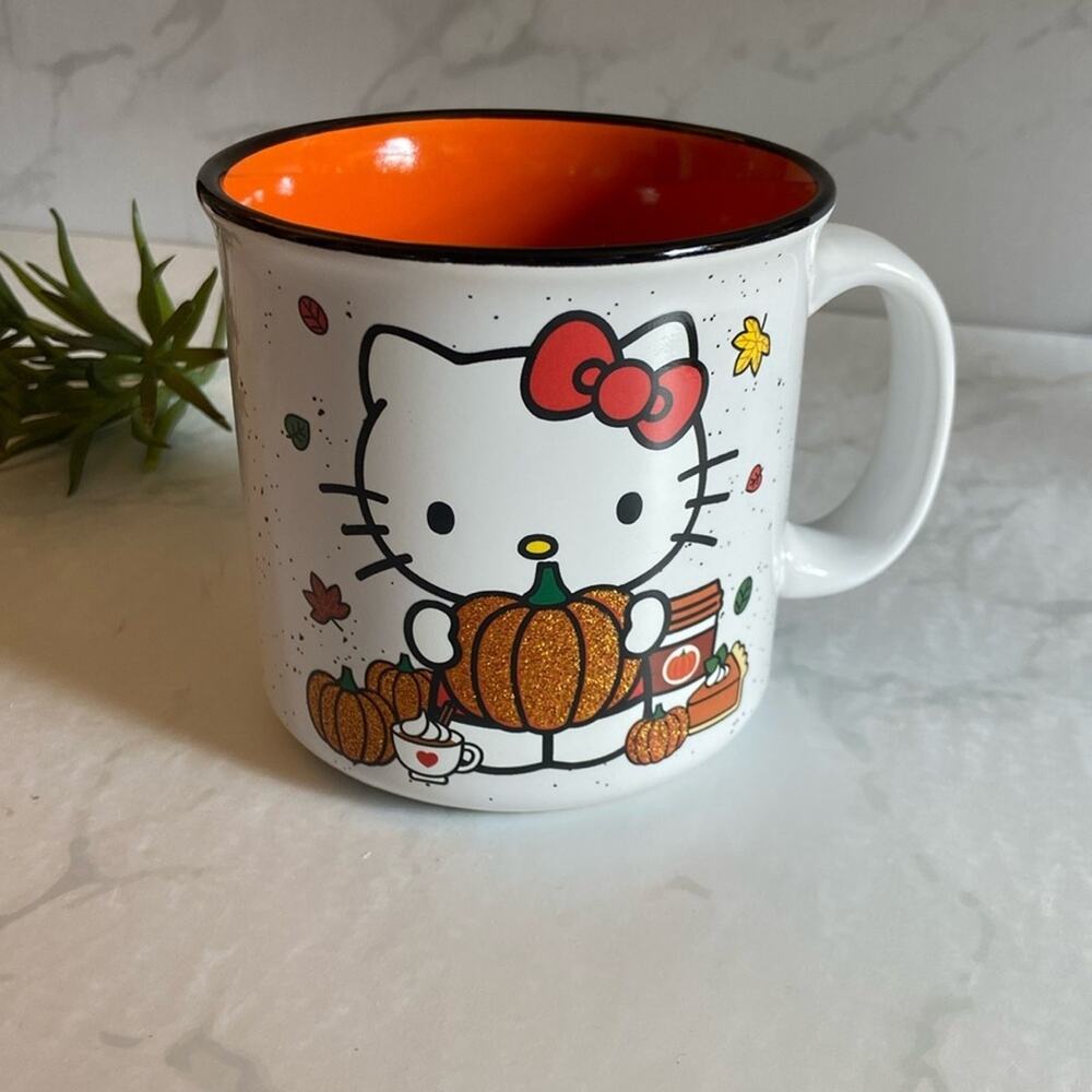 Hello Kitty Fall Pumpkin Spice Mug 20 oz Orange Glitter Sanrio Ceramic New